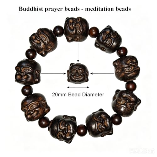Pear Wood Buddha Beads Mala Bracelet Hand Carved Wooden Beads with Luminous Jade Lucky Charms Wealth Attracting Buddhist Prayer Bracelet for Men and Women Healing Energy Running Ring - color: Brown