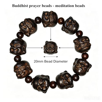 Pear Wood Buddha Beads Mala Bracelet Hand Carved Wooden Beads with Luminous Jade Lucky Charms Wealth Attracting Buddhist Prayer Bracelet for Men and Women Healing Energy Running Ring - color: Brown