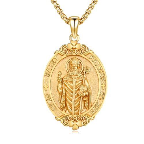 Silver/14K Gold Patron Saint Medal Amulet Necklace for Men Women - color: Gold, style: 38A-St Patrick