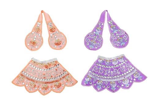 Set of 2 Durga Devi Dress poshak Puja Cloth lehanga Chunari-Purple,Peach-3" - color: Purple and Peach