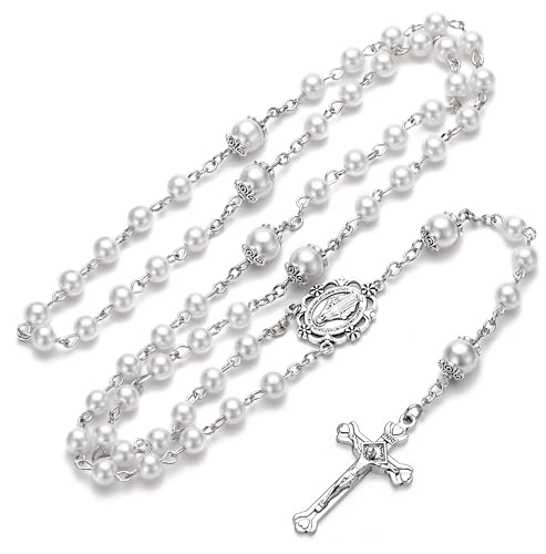 Rosary for Women with Case and 18pcs Prayer Cards, First Communion Gifts for Girls, Glass Pearl Beads and Virgin Mary Medal, Catholic Gifts - color: White