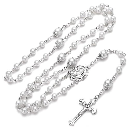 Rosary for Women with Case and 18pcs Prayer Cards, First Communion Gifts for Girls, Glass Pearl Beads and Virgin Mary Medal, Catholic Gifts - color: White