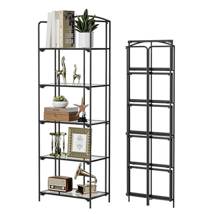 Crofy 5-Tier Foldable Bookshelf, Black Frame & Transparent Shelves - color: Black Frame & Transparent Shelf, size: 5 Tier
