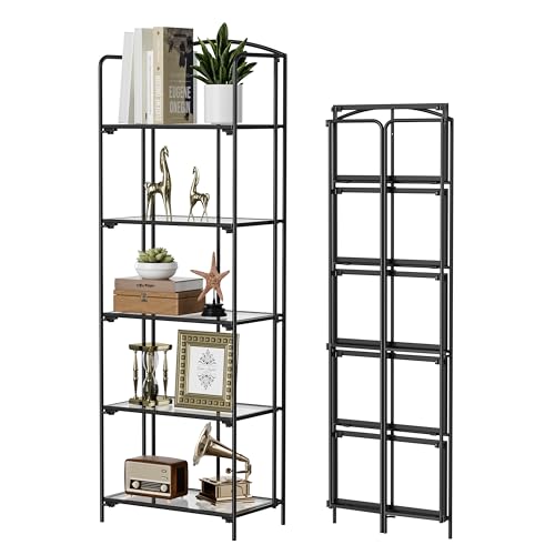 Crofy 5-Tier Foldable Bookshelf, Black Frame & Transparent Shelves - color: Black Frame & Transparent Shelf, size: 5 Tier