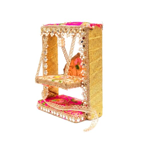 SATVIK 1Pc - Janmashtami Krishna Jhula Decorative Wooden Swing for Laddu Gopal | Fabric & Lace Handcrafted Design | Pooja Mandir Festive Decor