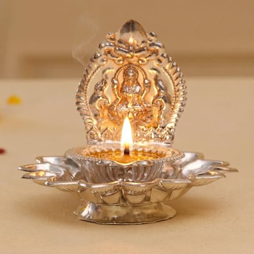 LoveNspire Lakshmi Silver Plated Diya Kamakshi Deepam Kamatchi Vilakku Samai Laksahmi Oil Lamp Diwali Decoration Hindu Puja Religious Home Decor Pooja Housewarming Wedding Return Gift 1PC (3.5 Inch) - style: Pack Of 1