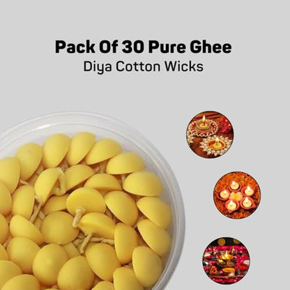 NAMASTEY Pure Cow Ghee Wicks – Pack of 30 Pure Ghee Wicks for Puja | Ready-to-Use Diya Batti | Wax-Free Cotton Wicks | 30-Min Burn Time | Ideal for Pooja, Diwali, and Housewarming Gifts