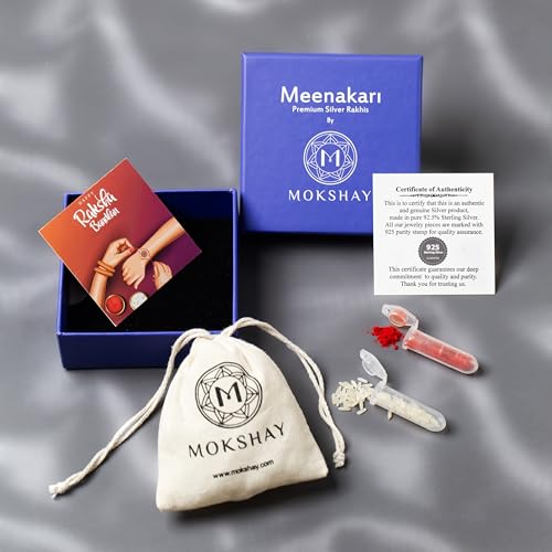 Meenakari Pure 925 Sterling Silver Lotus with Zircon Rakhi set with Roli Chawal, Rakshabandhan Greeting Card and Authenticity certificate For Brother/Men/Unisex