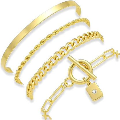 10 Pcs 14K Gold Plated Bracelet for Women, Dainty Stackable Chain Set - color: Yellow Gold