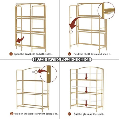 Crofy 3-Tier Wider Foldable Bookshelf, Gold Frame & Transparent Shelves - color: Gold Frame & Transparent Shelf, size: 3 Tier Wider