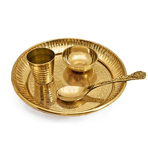Satvik Brass 4 Pc Bhog Thali Set for Laddu Gopal with Glass, Bowl and Pooja Spoon for Home and Temple Kanha Ji Bhog Plate Set (Large) - size: Large