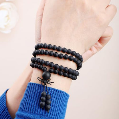 AD Beads 6mm 8mm 108 Prayer Mala Jasper Elastic Bracelet - Handmade Yoga Meditation Healing Power Energy Gifts for Unisex Adult. - color: Matte Onyx(Peace)