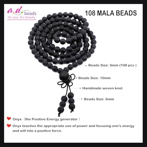 AD Beads 6mm 8mm 108 Prayer Mala Jasper Elastic Bracelet - Handmade Yoga Meditation Healing Power Energy Gifts for Unisex Adult. - color: Matte Onyx(Peace)