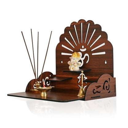 Wooden Puja Mandir with Om for Home | Small Wall Mount & Table Top Pooja Temple | Compact Wooden Mandir Stand for Prayer Room, Living Room & Office Decor Medium Size