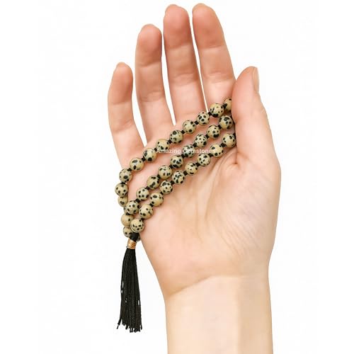 Amazing Gemstone Dalmatian Jasper Mala Beads - 108 Prayer Beads for Meditation and Mindfulness Practice, Handcrafted Mala Beads with Natural Gemstones for Spiritual Healing and Relaxation (Knotted) - color: Dalmatian Jasper, style: Knotted