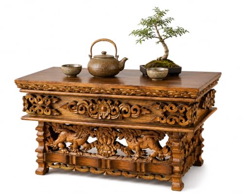 Tribe Azure Fair Trade Small Snow Lion Altar Table, Hand Carved Wooden Table with Majestic Garuda, 16 in x 9 in x 9 in - size: Small Snow Lion