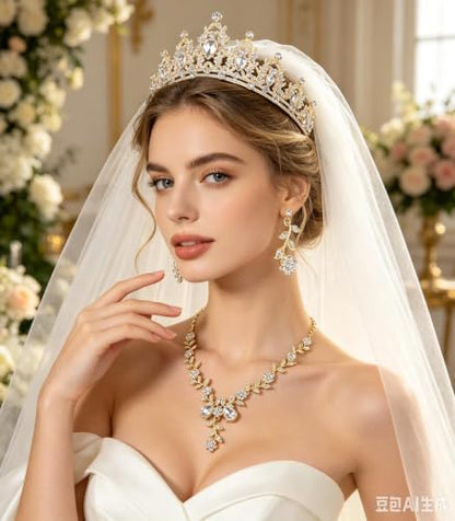 Kamirola Tiaras and Crowns for Women,Tiaras Earrings Necklace, Crystal Bridal Jewelry Set, Costume Party Halloween Prom Pageant Jewelry for Women(TR45) - color: Gold