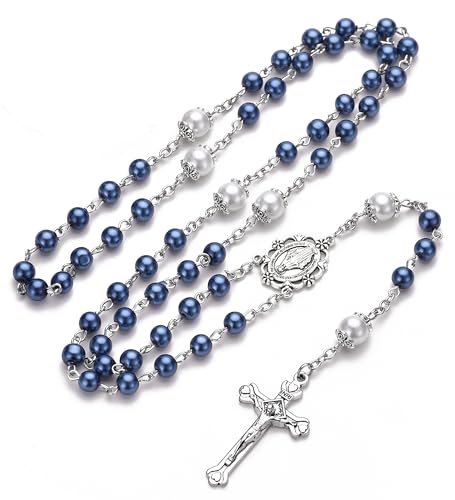 Rosary for Women with Case and 18pcs Prayer Cards, First Communion Gifts for Girls, Glass Pearl Beads and Virgin Mary Medal, Catholic Gifts - color: Blue