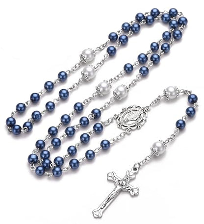 Rosary for Women with Case and 18pcs Prayer Cards, First Communion Gifts for Girls, Glass Pearl Beads and Virgin Mary Medal, Catholic Gifts - color: Blue