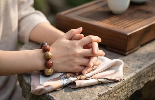 Pear Wood Buddha Beads Mala Bracelet Hand Carved Wooden Beads with Luminous Jade Lucky Charms Wealth Attracting Buddhist Prayer Bracelet for Men and Women Healing Energy Running Ring - color: Multicolor