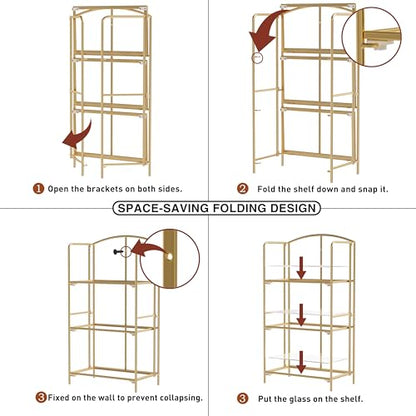 Crofy 3-Tier Foldable Bookshelf, Gold Frame & Transparent Shelves - color: Gold Frame & Transparent Shelf, size: 3 Tier