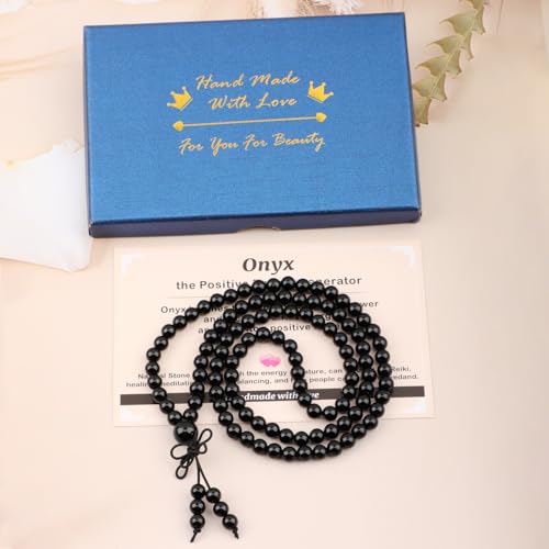 AD Beads 6mm 8mm 108 Prayer Mala Jasper Elastic Bracelet - Handmade Yoga Meditation Healing Power Energy Gifts for Unisex Adult. - color: Onyx(Positive Energy Generator)