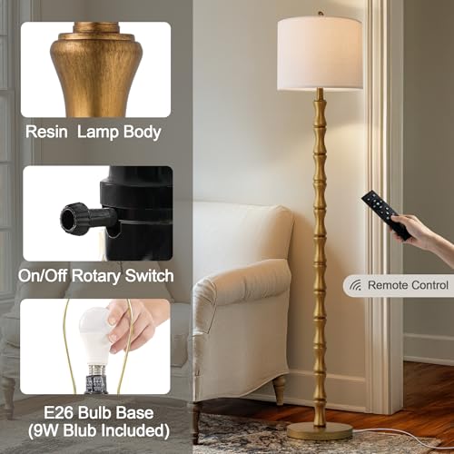 BOBOMOMO 62" Rustic Farmhouse Floor Lamp Antique Gold with Remote & Dimmable 9W Bulb, 3 Color Temperatures Resin Standing Lamp, Retro Tall Lamp for Living Room, Bedroom, Nursery, Office, Reading Nook - color: Aged Gold