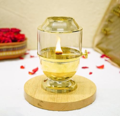 Pure Brass Akhand Jyot Diya with Borosilicate Glass Cover - Small Size Adjustable Wick Lever 250ml Oil Capacity 48-Hour Burn Time Authentic Oil Lamp for Prayer and Meditation - Gold - size: Small Without Plate