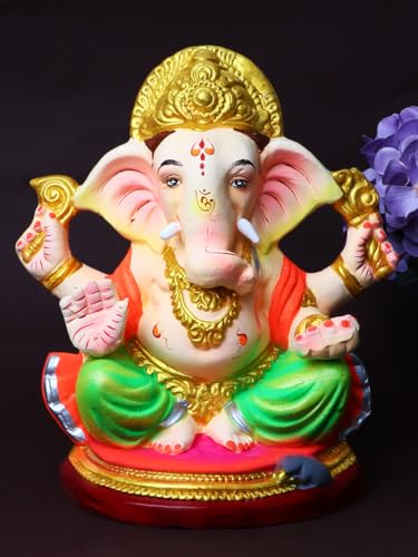 Satvik 9 Inch Skandapurvaja Clay Eco Friendly Lord Ganesha Idol for Visarjan, Water Soluble Ganpati Statue, Terracotta Ganesh Chaturthi Idol, Ridhi Sidhi Idol, Ganesh Statue for Home Decor, Pooja