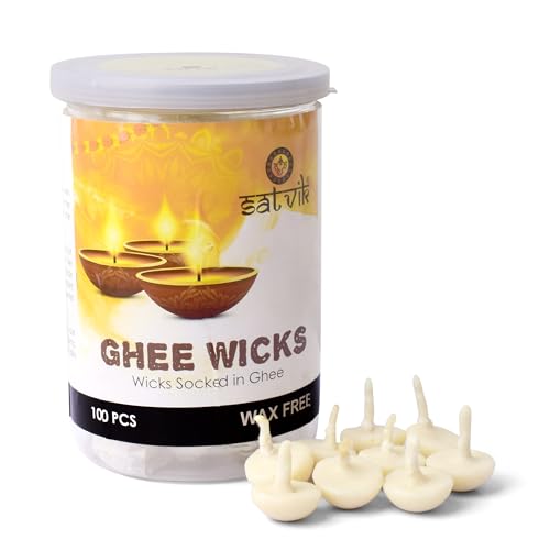 SATVIK Pack of 100 Pure Ghee Wicks for Puja | Ready-to-Use Diya Batti | 30-Min Burn Time | Wax-Free Cotton Wicks | Ideal for Pooja, Meditation, Diwali, and Housewarming Gifts - size: 100PC