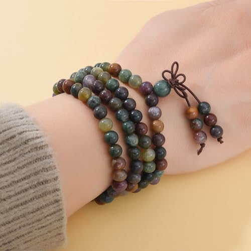 108 Mala Beads Stretch Bracelet 6mm Natural Gemstone Prayer Beaded Necklace - color: Indian Agate