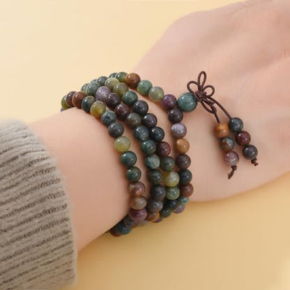 108 Mala Beads Stretch Bracelet 6mm Natural Gemstone Prayer Beaded Necklace - color: Indian Agate