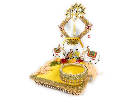 Handmade Mehndi Haldi Tray Set for Wedding & Engagement Green Gold Yellow Decorative Thali with Removable Top, Mini Kalash, Diya, Pooja Thali & Return Gift (Haldi Blessed Union) - color: Haldi Blessed Union