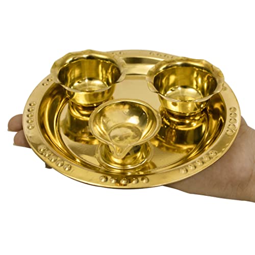 Spillbox Traditional Handcrafted Ganesha Brass Puja | Pooja Thali | Arati | Arathi | Arthi | Arti | Arathi | Bartan Thambulam Plate 2bowls 1 Diya (Small)