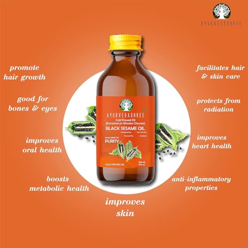 AYURVEDASHREE Black Sesame Oil 3.38 fl oz., Cold Pressed Oil, Extracted on Wooden Churner with Traditional Method, 100% Pure & Natural, No GMO, Untreated and Unrefined, for Cooking & Flavor Enhancer.