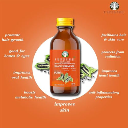 AYURVEDASHREE Black Sesame Oil 3.38 fl oz., Cold Pressed Oil, Extracted on Wooden Churner with Traditional Method, 100% Pure & Natural, No GMO, Untreated and Unrefined, for Cooking & Flavor Enhancer.