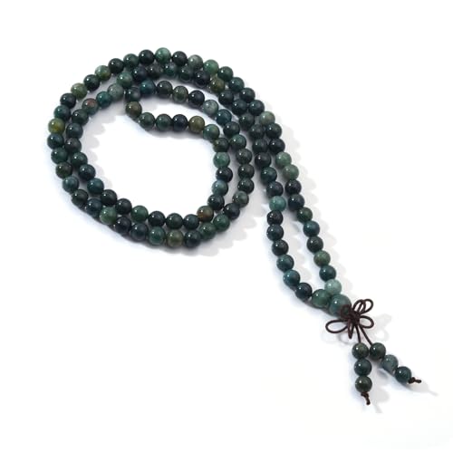 108 Mala Beads Stretch Bracelet 6mm Natural Gemstone Prayer Beaded Necklace - color: Moss Agate