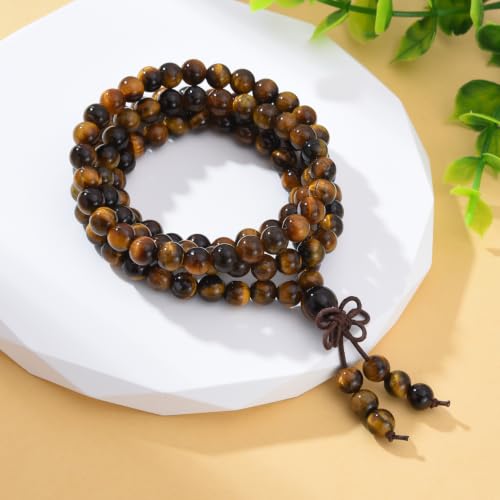 108 Mala Beads Stretch Bracelet 6mm Natural Gemstone Prayer Beaded Necklace - color: Yellow Tiger Eye