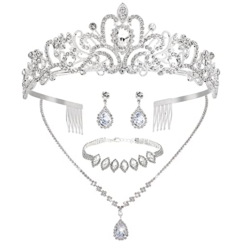 CIEHER 4/5 Pieces Women Jewelry Set - Rhinestone Crown + Drop Necklace + Elegant Bangle Bracelet + Crystal Teardrop Dangle Earrings for Bridal Wedding Party - color: Silver
