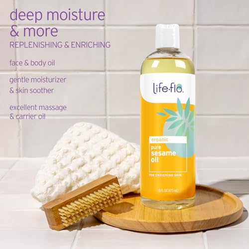 LIFE-FLO Organic Sesame Oil - Face and Body Oil - Body Moisturizer and Nutrient for Dry Skin Care - Ideal for Massage - Extracted from Organic Sesame Seeds - 60-Day Guarantee - 16oz