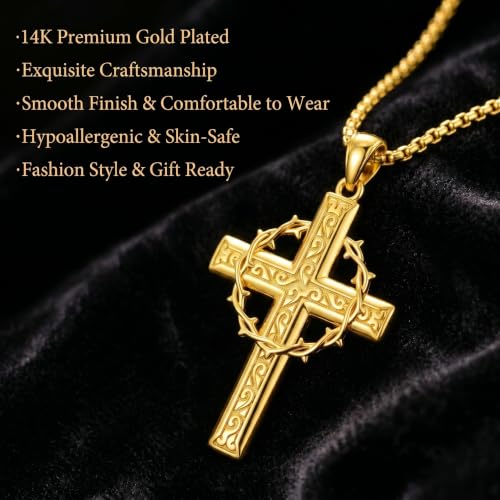 ROMANTICWORK Cross Pendant Necklace 14k Gold Plating Christian Crucifix Necklace Religious Confirmation Jewelry Gifts for Men Women - color: Crown of Thorns Cross