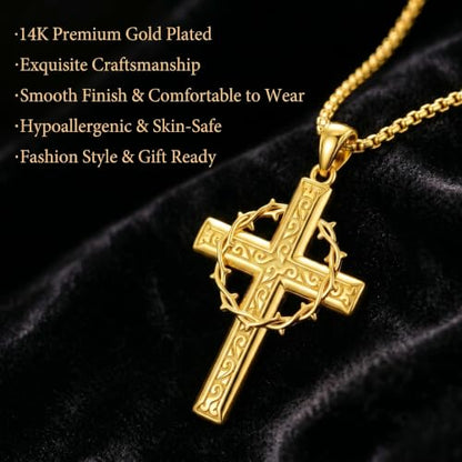 ROMANTICWORK Cross Pendant Necklace 14k Gold Plating Christian Crucifix Necklace Religious Confirmation Jewelry Gifts for Men Women - color: Crown of Thorns Cross