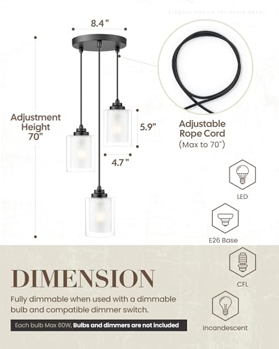 TENGXIN 3-Light Matte Black Pendant Lights Kitchen Island, Dual Glass Shade - color: Matte Black, Dual Glass, size: 4", 3-Light
