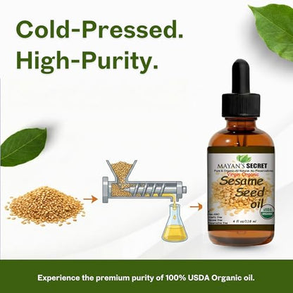 Mayan’s Secret Organic Sesame Oil - Cold Pressed, Unrefined, Hexane-Free and Organic Sesame Seed Oil for Skin, Body, Face & Hair – 100% Pure - Amber Glass Bottle, 4 fl. oz. - USDA Certified