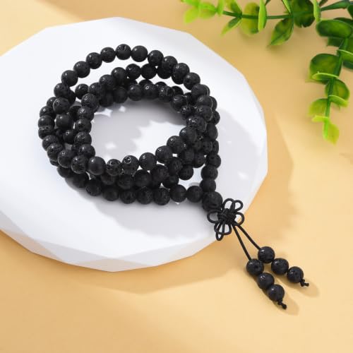 108 Mala Beads Stretch Bracelet 6mm Natural Gemstone Prayer Beaded Necklace - color: Black Lava