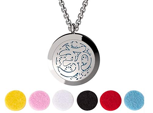 Wild Essentials Aum OM Essential Oil Diffuser Necklace, Stainless Steel Locket Pendant with 24 inch Chain, 12 Color Refill Pads, Customizable Color Changing Perfume Jewelry for Aromatherapy - color: Silver Aum, size: No Oils