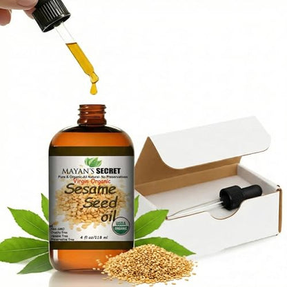 Mayan’s Secret Organic Sesame Oil - Cold Pressed, Unrefined, Hexane-Free and Organic Sesame Seed Oil for Skin, Body, Face & Hair – 100% Pure - Amber Glass Bottle, 4 fl. oz. - USDA Certified