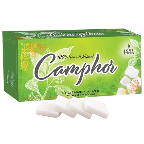 SOUL STICKS Natural Camphor Blocks,Pure Camphor Tablets for Aromatherapy & Puja - Alcanfor en Bloques, Alcanfor en Bolitas, Kapoor for Pooja (150 Grams (32 Tablets)) - size: 150 Grams ( 32 Tablets)
