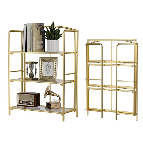 Crofy 3-Tier Wider Foldable Bookshelf, Gold Frame & Transparent Shelves - color: Gold Frame & Transparent Shelf, size: 3 Tier Wider