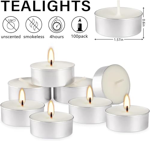 Unscented Tealight Candles 100 Pack, 4 Hours Smokeless Dripless White Mini Tea Candle Bulk for Home, Wedding, Party, Shabbat, Christmas & Emergency Use - color: White, size: 100 Pack